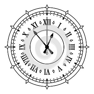 Vintage clock face with Roman numerals and arrows black line vector illustration