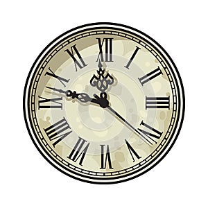 Vintage clock face with Roman numerals. Vector illustration.
