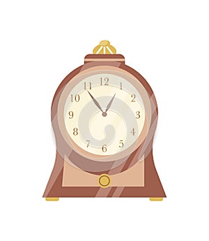 Vintage clock flat vector illustration. Elegant retro wooden timepiece with round clockface. Antique style interior