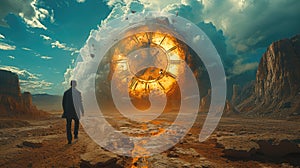 Vintage clock and lonely person in desert, surreal scene with old dial and man on landscape background. Concept of time, art,