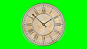 Vintage clock roman numbers 60 fps animation loop 2D isolated green screen