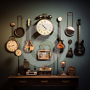 Vintage clocks with retro aesthetic and musical elements