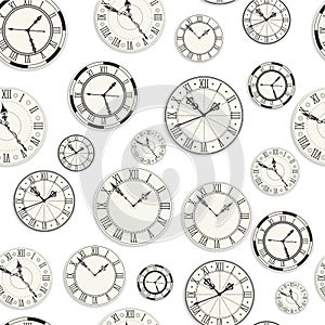 Vintage clocks, retro watches colorless seamless pattern vector