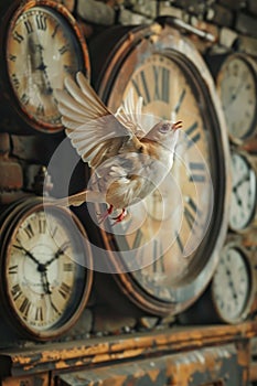 Vintage Clocks on Wall with Flying Bird in Antique Shop Time Concept, Home Decor, Collectibles