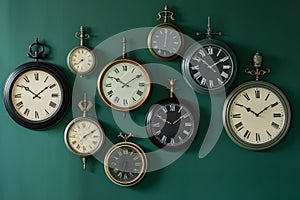 Vintage clocks wall. Generate Ai