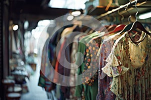 Vintage clothes hanger in a cozy second-hand store. Various models and styles of clothing are presented. Secondary