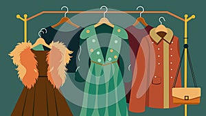 A vintage clothing rack featuring an array of velvet dresses faux fur coats and chunky statement jewelry.. Vector