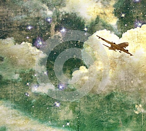 Vintage cloudy sky with stars and flying airplane