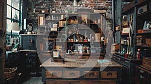 Vintage cluttered workshop interior