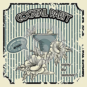 Vintage cocktail party poster with cocktail, tropic flowers and typography elements. Retro banner or invitation card.