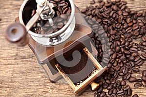 Vintage coffee bean grinder and fresh ground coffee