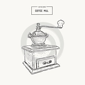 Vintage coffee grinder. Hand drawn sketch style.Coffee mill