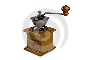 Vintage coffee grinder.Old retro hand-operated wooden and metal coffee grinder.Manual coffee grinder for grinding coffee beans.