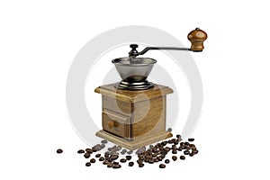 Vintage coffee grinder.Old retro hand-operated wooden and metal coffee grinder.Manual coffee grinder for grinding coffee beans.
