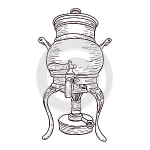Vintage coffee machine for brewing coffee with small pea, outline drawing isolated on white background, stock vector illustration