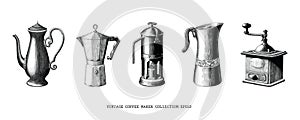 Vintage coffee maker collection hand draw black and white clip art isolated on white background photo