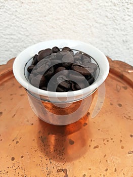 Vintage coffee pot. Coffee beans with retro pot.