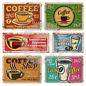 Vintage coffee shop and cafe metal vector signs in old 1940s style