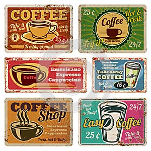 Vintage coffee shop and cafe metal vector signs in old 1940s style photo
