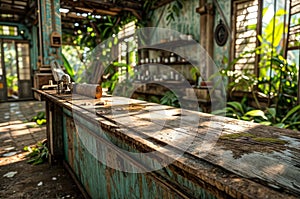 Vintage coffee shop interior with old wooden table and coffee machine