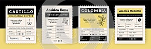 Vintage coffee tag. Retro label for Arabica espresso package. Paper product stickers design. Minimalistic grid layout