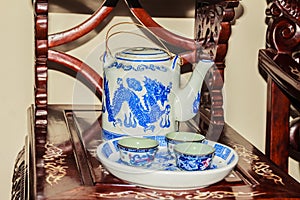 Vintage collection of blue dragon pattern on porcelain tea set w