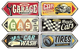 Vintage collection of cars and transportation signs