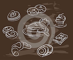 Vintage collection of desserts. Sketches hand-drawn with chalks on blackboard. Vector illustration.