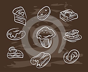 Vintage collection of desserts. Sketches hand-drawn with chalks on blackboard. Vector illustration.