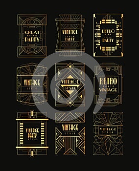 Vintage collection of golden Art Deco frames. Luxury vector emblems for business logo, party invitation card or