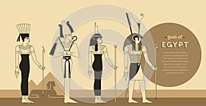 A vintage collection of vector illustrations by the ancient Egyptian gods and goddess Anuket, Osiris, Isis and Horus