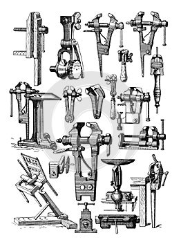 Vintage collection of vise or workshop tools hand drawn / Antique engraved illustration from from La Rousse XX Sciele