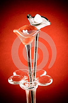 Vintage color:Flower made of glass vase on red background