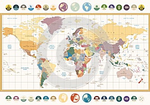 Vintage color political World Map with round flat icons and glob