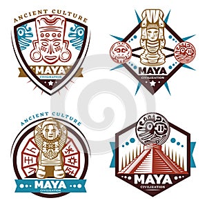 Vintage Colored Maya Civilization Emblems Set