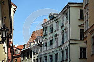 Vintage colorful houses on Jauniela street in Riga old town under blue sky