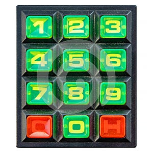 Vintage colorful keypad with green number buttons isolated on white