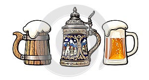 Vintage colorful set of beer mugs. Old wooden mug. Traditional German stein. Glass mug with foam. Vector illustration.
