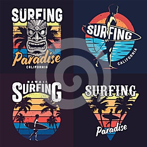 Vintage colorful surfing prints set