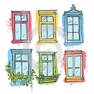 Vintage colorful windows sketched against splattered paint backgrounds. Handdrawn architecture