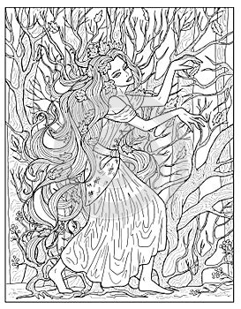 Vintage coloring page with beautiful vampire princess and gloomy autumn forest