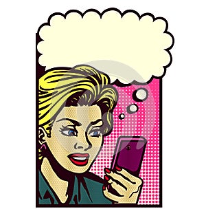 Vintage comic book style woman with smartphone thinking pop art illustration