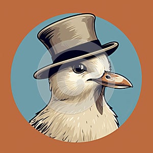 Vintage Comic Style Bald Seagull In Tophat And Beard