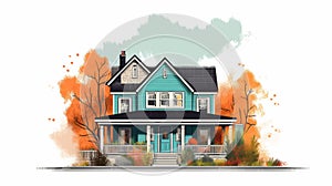 Vintage Comic Style Blue House In Autumn Colors