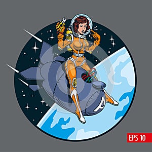 A vintage comic style pin-up girl in space suit and helmet riding a atomic bomb. Vector illustration