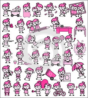 Vintage Comic Teen Girl Characters - Set of Concepts Vector illustrations