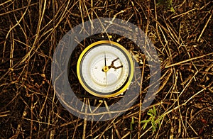 Vintage compas. Antique golden compass on natural background.