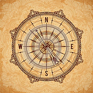 Vintage compass on aged paper background.