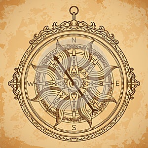 Vintage compass on aged paper background.