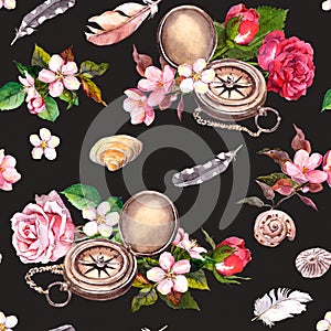 Vintage compass, flowers, seashells, feathers. Travel concept. Watercolor at black background